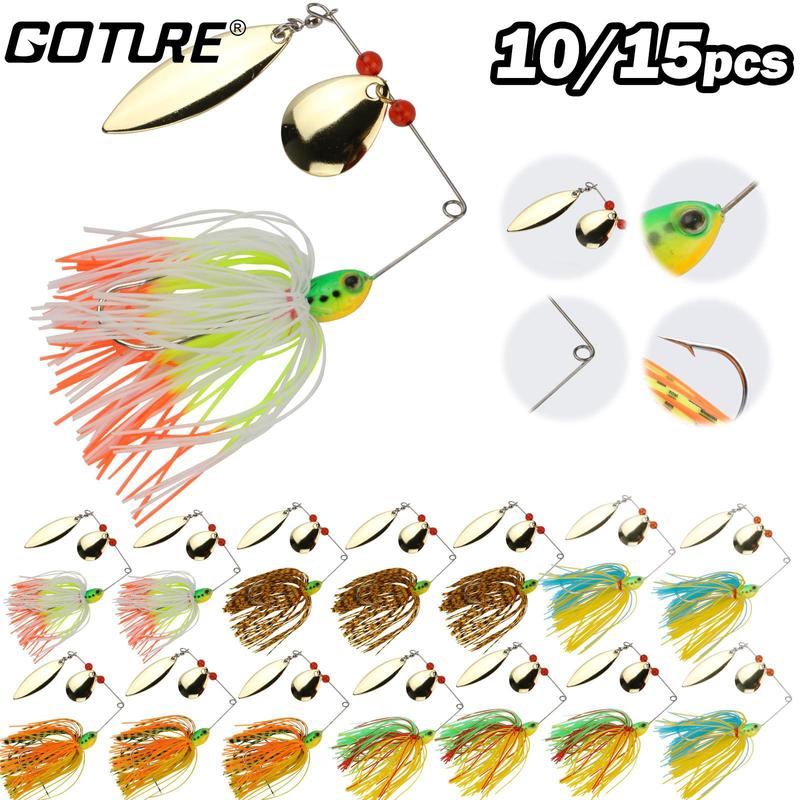 Fishing Lure Spinner Baits Kit, 10 15pcs Hard Soft Buzzbait Lures Spinner Lures Fishing Lure Set, Topwater Fishing Lure Saltwater Freshwater for Bass, Fishing Equipment