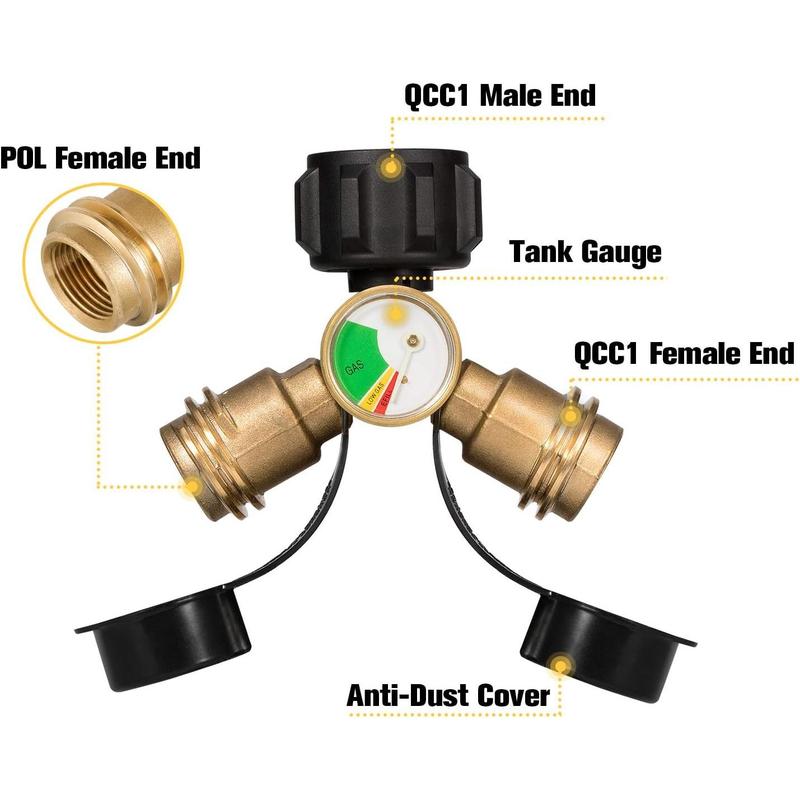 Splitter 2 Way,  Tank Splitter with Gauge,  Hose Splitter for 20lb  Cylinder, BBQ Grill, Gas Burner, Camping Stove, Heater, RV Camper