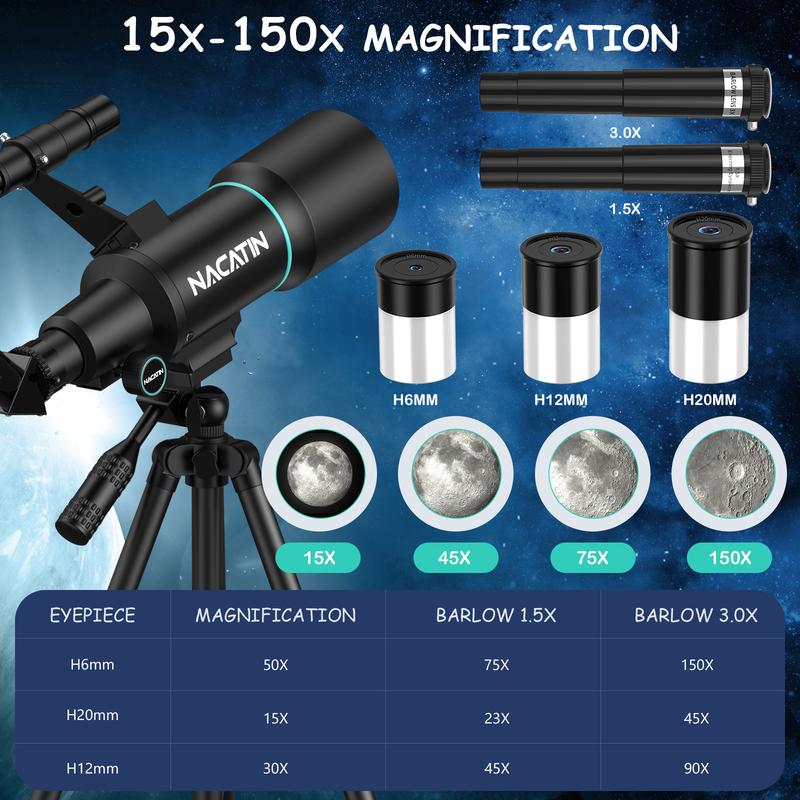 NACATIN Telescope - 70mm Aperture Refractor Telescope 300mm Focal Length with 15x-150x Magnification for Astronomy Beginners