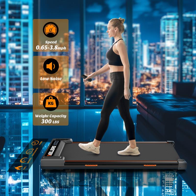 Under Desk Walking Pad Low Noise and Indoor Use with LED，Small Cheap Treadmill with Wheels Removable  0.6-3.8 MPH 300 LBS Weight Capacity  Free Installation orange