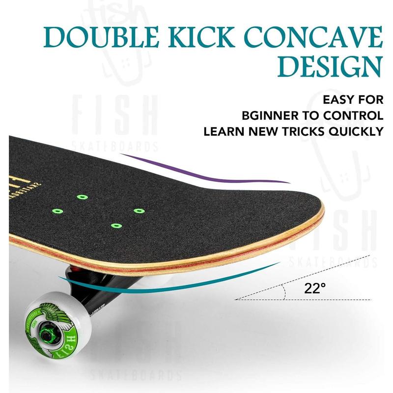 Standard Skateboard, Complete Skateboard 31''x 8'', 7 Layer Canadian Maple Double Kick Deck Concave Cruiser Trick Skateboards for Kids Boys Girls Youths Beginners.