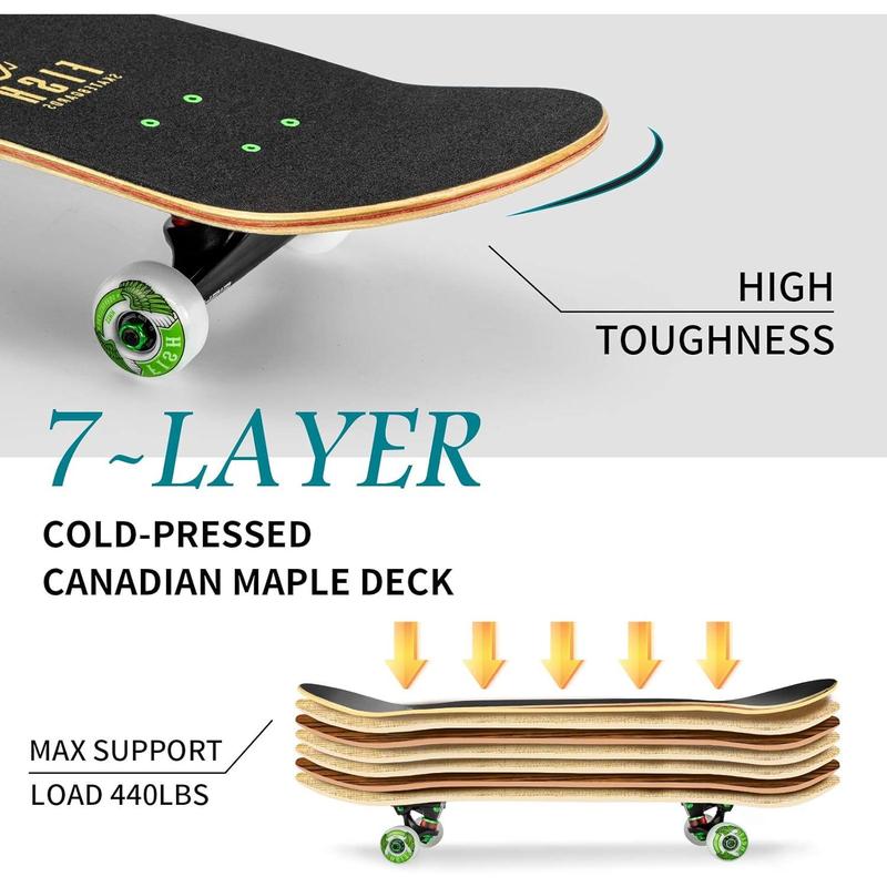 Standard Skateboard, Complete Skateboard 31''x 8'', 7 Layer Canadian Maple Double Kick Deck Concave Cruiser Trick Skateboards for Kids Boys Girls Youths Beginners.