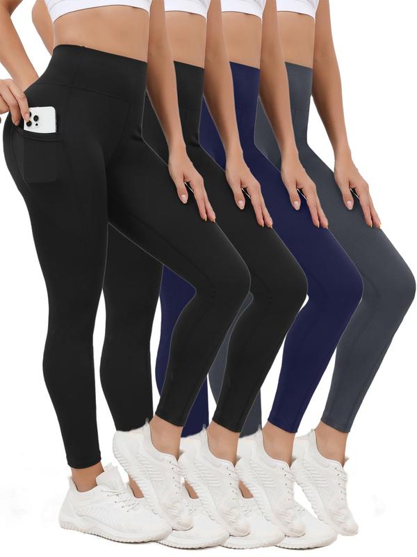 Women's Solid High Waist Sports Leggings, Casual Comfy Breathable Pocket Design Skinny Pants for Yoga Gym Workout Running, Ladies Sportswear for Fall & Winter