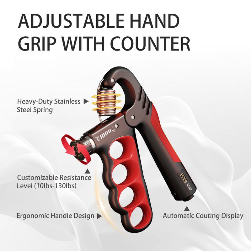 Grip strength trainer, forearm strengthener, with adjustable resistance from 11 to 220 pounds (5-100 kilograms).