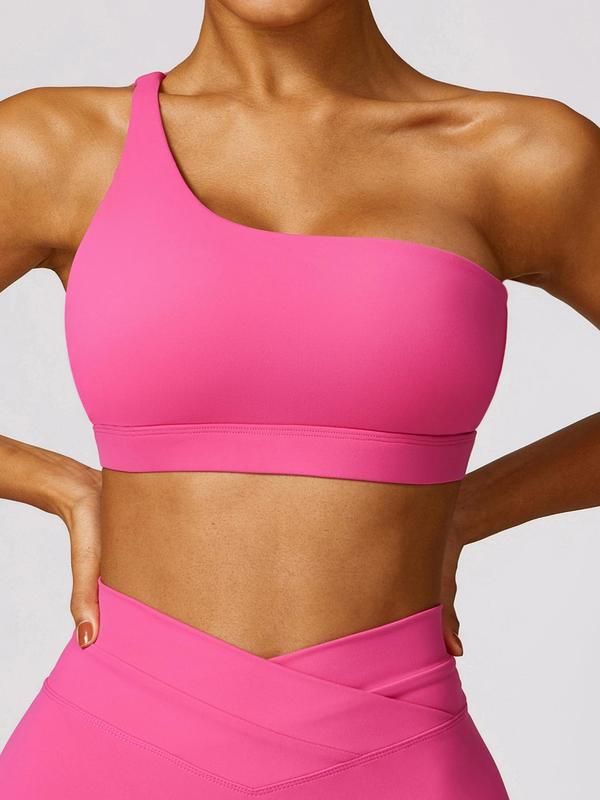 Women's Solid Cut Out Wireless Sports Bra, Breathable Comfortable One Shoulder Sports Lingerie Top, Ladies Sportswear for Indoor Outdoor Wear