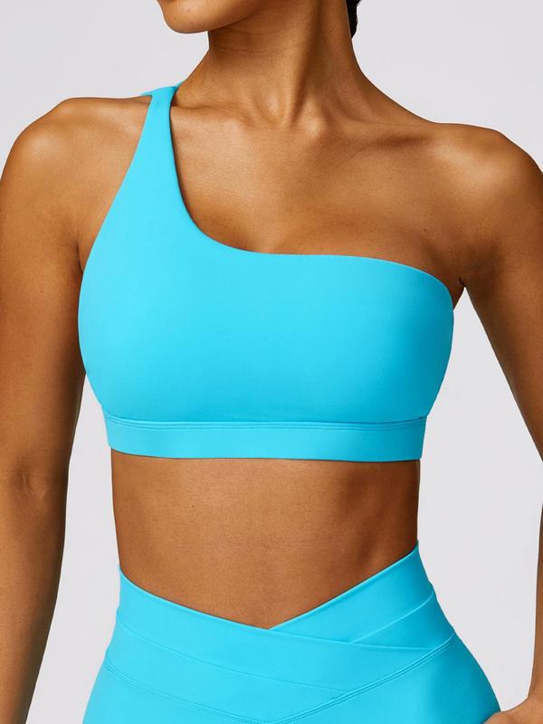 Women's Solid Cut Out Wireless Sports Bra, Breathable Comfortable One Shoulder Sports Lingerie Top, Ladies Sportswear for Indoor Outdoor Wear