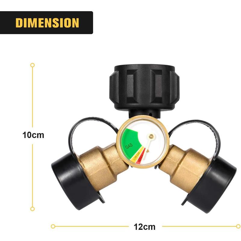 Splitter 2 Way,  Tank Splitter with Gauge,  Hose Splitter for 20lb  Cylinder, BBQ Grill, Gas Burner, Camping Stove, Heater, RV Camper