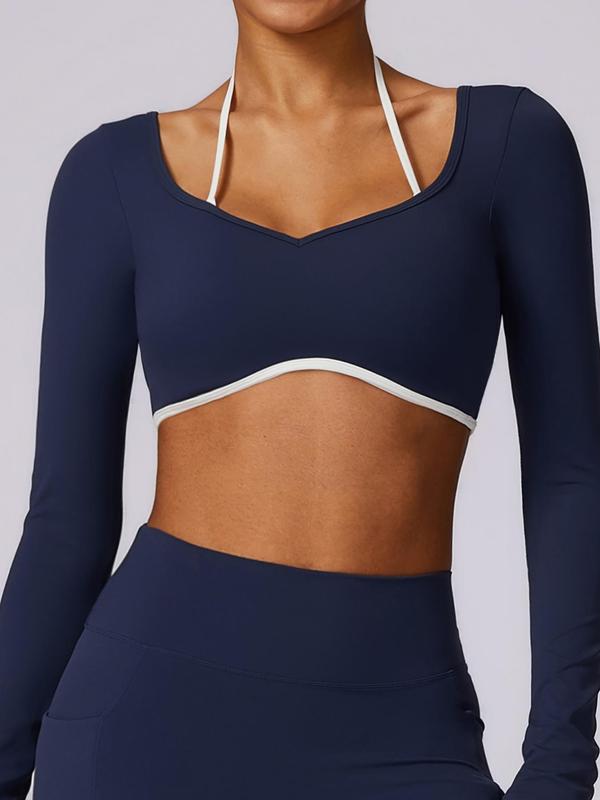 Women's 2 in 1 Backless Sweetheart Neck Crop Sports Tee, Workout Tops, Solid Long Sleeve Crop Top, Workout Gym Yoga Exercise T-shirt for Women, Gym Clothing