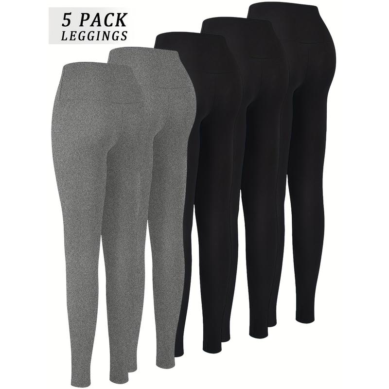 5 Pack Super Soft Leggings for Women: High Waisted, Tummy Control, No See Through, Workout, Yoga, Running Pants - Long Leggings - Adult Size - Stretchy Fabric - Solid Color - Tight Fit - Suitable for All Seasons