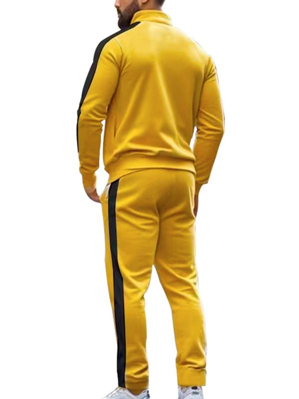 Men's Colorblock Zip Up Stand Collar Jacket & Drawstring Waist Pants Tracksuit Set, Regular Fit Sporty Long Sleeve Outerwear & Pocket Jogger Pants, Men's Fall & Winter Sportswear