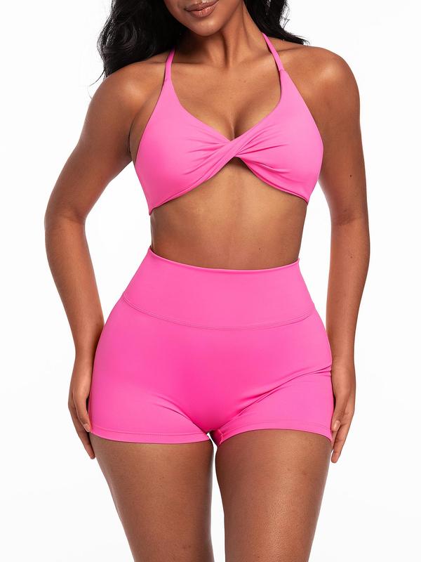 Two-Piece Set Women's Twist Front Crop Top & High Waist Shorts Tracksuit Set, Solid Sleeveless Crop Top & Skinny Shorts, Ladies Sportswear for Indoor Outdoor Wear