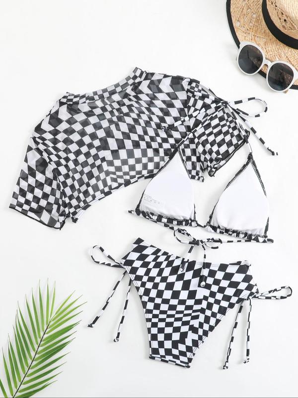 Two-Piece Set Women's Plaid Print Cut Out Swimsuit Set, Casual Triangle Bikini Top & Tie Side Bikini Bottom & Cover Up Crop Top, Chic Swimwear Set for Beach Holiday