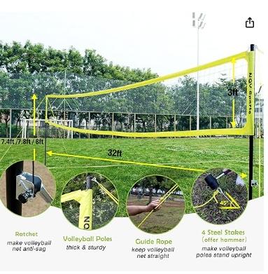 Professional Heavy Duty Outdoor Yellow Volleyball Net Set with Adjustable 3 Levels Height Aluminum Poles, Anti-sag System,Volleyball,Pump,Boundary Line and Carrying Bag for Backyard tournament play pickleball racket pickle  ball