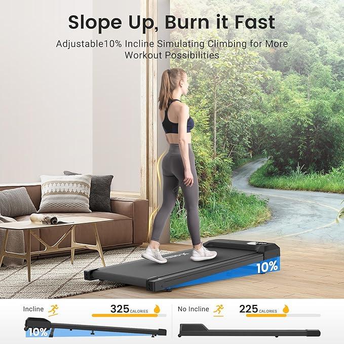 Walking Pad Treadmill with 10% Incline, Portable Under Desk Treadmill with Smart Fitness APP, 2.5HP Quiet Treadmills for Home Office, 300lbs Weight Capacity, Remote Control, LED Display(Black))