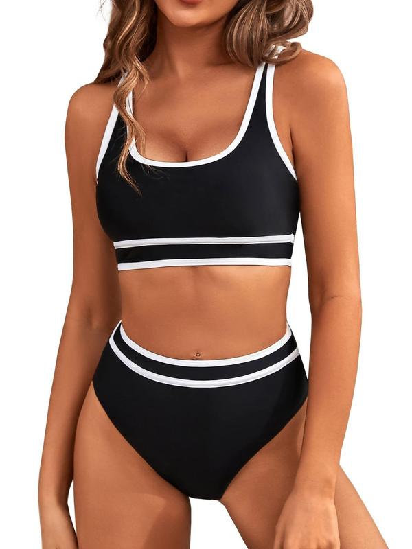 Two-Piece Set Women's Contrast Binding Bikinis Set, Casual Comfy Adjustable Strap Swim Top & High Waist Swim Bottom Set, Swimsuit for Women, Ladies Summer Swimwear