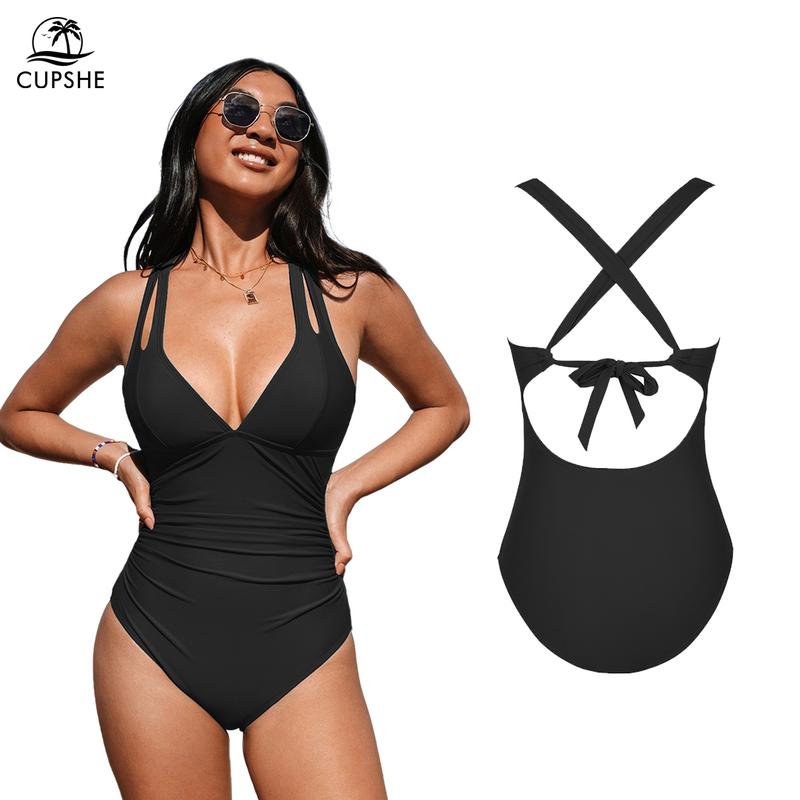 CUPSHE Women's One Piece Swimsuit Tummy Control Deep V Neck Double Straps Crisscross Back Tie Bathing Suit