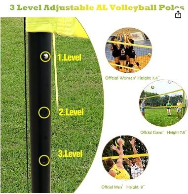 Professional Heavy Duty Outdoor Yellow Volleyball Net Set with Adjustable 3 Levels Height Aluminum Poles, Anti-sag System,Volleyball,Pump,Boundary Line and Carrying Bag for Backyard tournament play pickleball racket pickle  ball