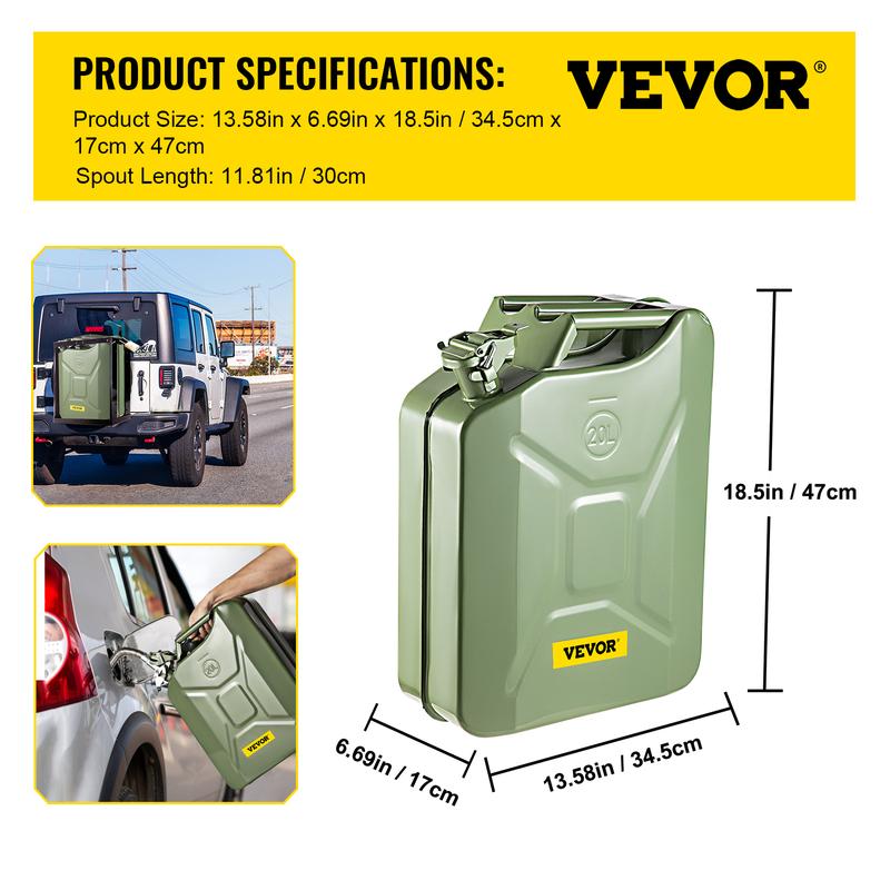 VEVOR Jerry Fuel Can, 5.3 Gallon   20 L Portable Jerry Gas Can with Flexible Spout System, Rustproof ＆ Heat-resistant Steel Fuel Tank for Cars Trucks Equipment, Green