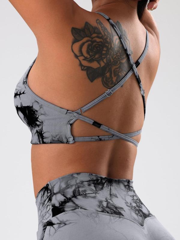 Sporty Women's Tie Dye Print Criss Cross Backless Sports Bra, Detachable Chest Pad Seamless Sports Lingerie Top, Ladies Sportswear for Indoor Outdoor Wear