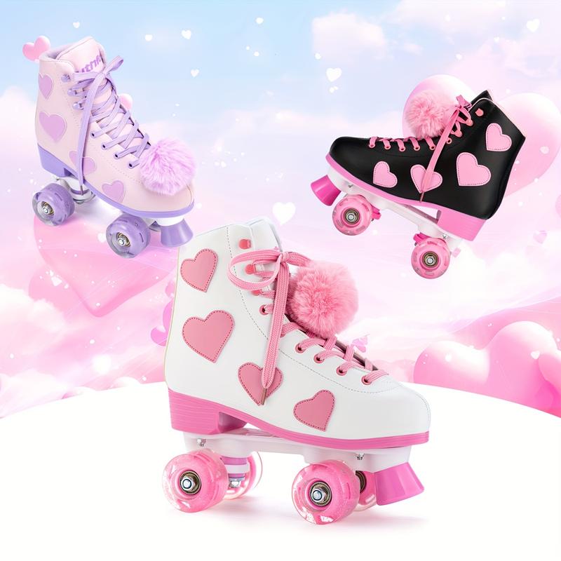 Ladies and Girls with Light-Emitting Wheel Love Pattern the Skating Shoes, PU Leather High-Top Double Row Flash the Skating Shoes