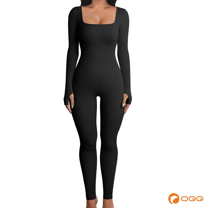 OQQfitness Womenswear Square Neck Threaded Sexy Comfortable Fitness Yoga Wear Jumpsuit