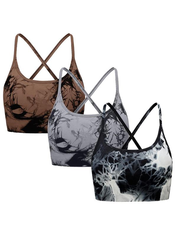 Sporty Women's Tie Dye Print Criss Cross Backless Sports Bra, Detachable Chest Pad Seamless Sports Lingerie Top, Ladies Sportswear for Indoor Outdoor Wear