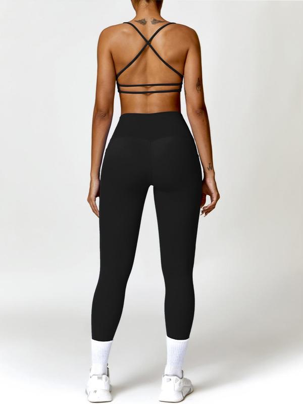 Two-Piece Set Women's Solid Criss Cross Tracksuit Set, Casual Backless Crop Cami Top & Pocket Leggings, Casual Sportswear Set for Yoga Gym Workout Running