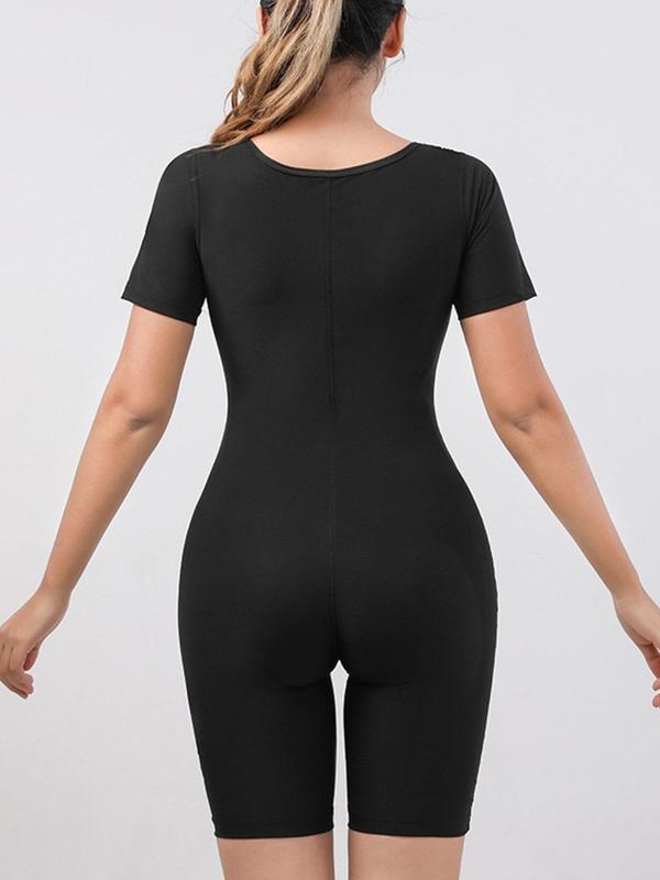 Women's Plain Zip Front Sports Romper, Summer Clothes, Sporty Tight-fit Short Sleeve Shapewear Jumpsuit, Ladies Clothes for Workout Gym Exercise Fitness, Tummy Control