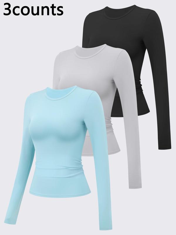 Women's Solid Long Sleeve Sports Tee, Sporty High Stretch Round Neck T-shirt for Yoga Gym Workout, Ladies Sportswear for Fall & Winter