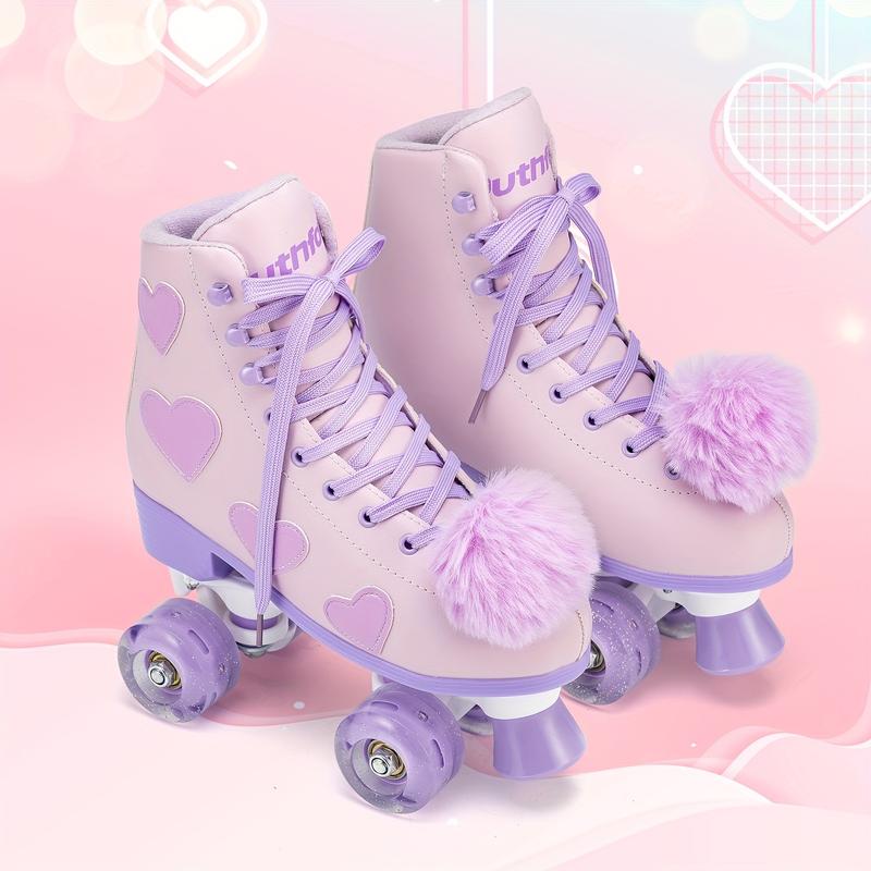 Ladies and Girls with Light-Emitting Wheel Love Pattern the Skating Shoes, PU Leather High-Top Double Row Flash the Skating Shoes