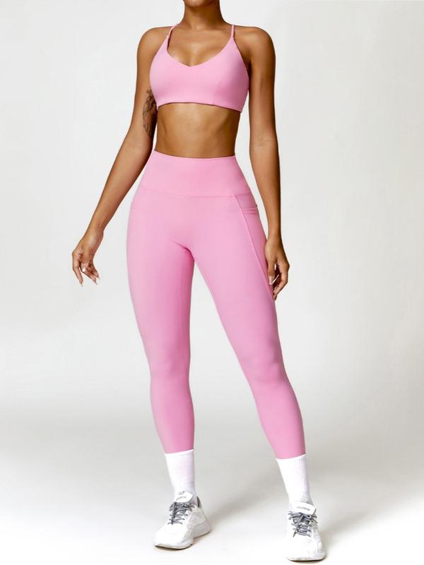 Two-Piece Set Women's Solid Criss Cross Tracksuit Set, Casual Backless Crop Cami Top & Pocket Leggings, Casual Sportswear Set for Yoga Gym Workout Running