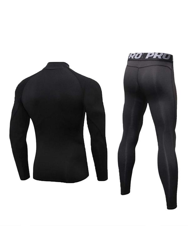 Two-Piece Set Men's Long Sleeve Mock Neck Compression Top & Leggings Tracksuit Set, Casual Tight Top & Letter Print Skinny Pants, Sportswear Clothing for Indoor Outdoor Wear