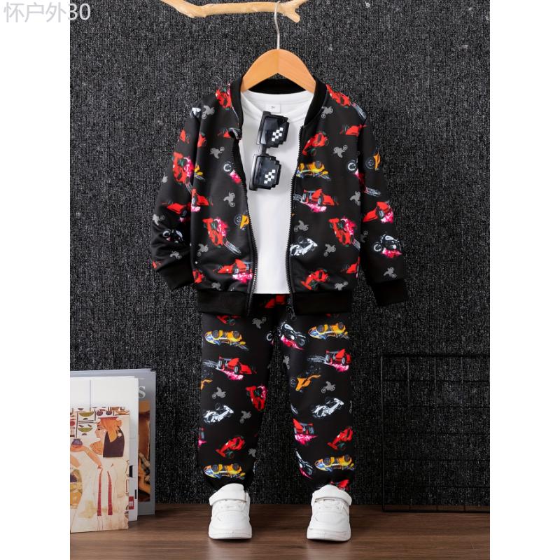 2pcs Boy's Trendy Bomber Jacket & Sweatpants Set, Sports Car Allover Print Kid's Clothes for Spring Fall Daily & Outdoor Wear