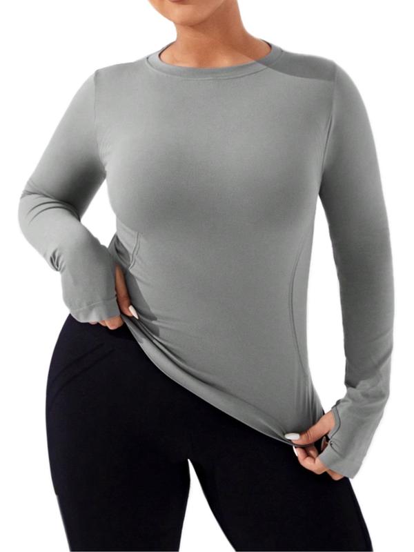 Plus Size Solid Cut Out Round Neck Sports Tee, Casual Long Sleeve Crew Neck T-Shirt for Summer, Women's Sport & Outdoor Clothing for Indoor Outdoor Wear