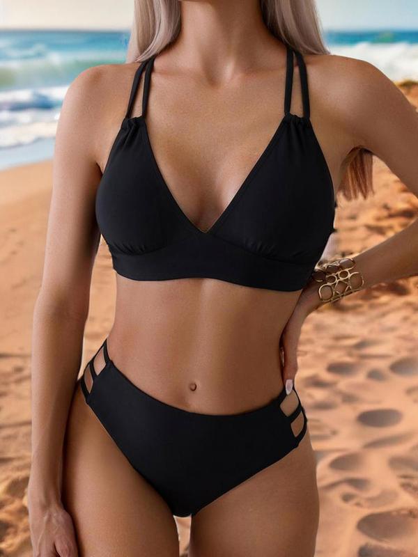 Women's Plain Cut Out Criss Cross Bikinis Set, Solid Double Strap Swim Top & High Waist Swim Bottom Swimsuit Set for Summer, Gothic Bikini, Back To School Summer Bikini, Bathing Suits, Women's Swimwear for Beach Holiday