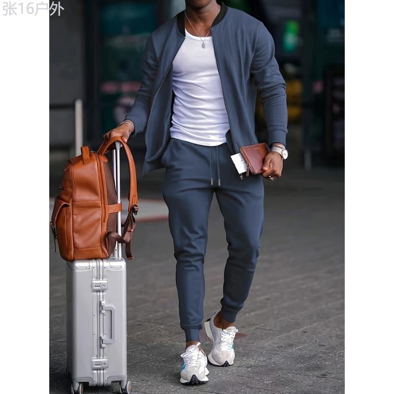 Men's Outfit, Solid Long Sleeve Zip Up Jacket & Drawstring Joggers 2-piece Set For Outdoor Jogging Gym Workout