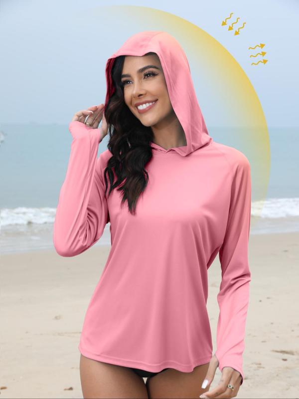 Women's Solid Long Sleeve Hooded Rashguard, Sporty Thumb Hole Design Sun Protection Hooded Top for Outdoor Running, Ladies Sportswear for All Seasons