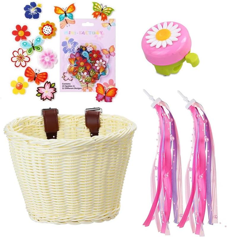 MINI-FACTORY Bike Basket Bell Tassel Streamer Set for Girls, Bicycle 4Pcs Set Decoration Accessories (Basket + Bell + Streamer + Wheel Spoke)