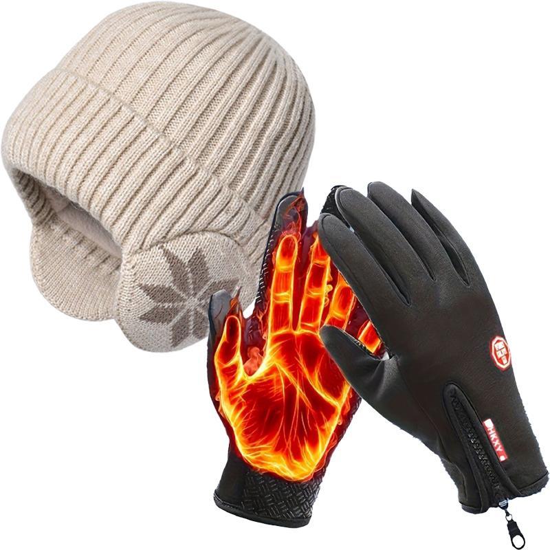 Winter Warm Knitted Wool Hat & 1 Pair Outdoor Cycling Gloves, 1 Count Outdoor Warm Protective Hat and Sports Gloves for Skiing Fishing, Travel, Christmas Gift