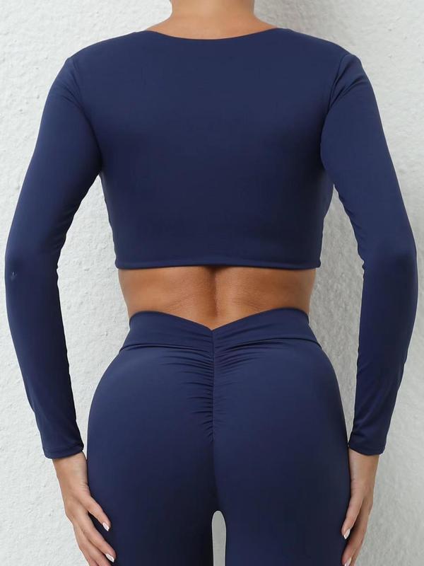 Women's Solid Twist Front Long Sleeve Crop Sports Tee, Sporty Comfy Breathable Quick Drying Cropped T-shirt for Yoga Gym Workout, Ladies Sportswear for Indoor Outdoor Wear, Gym Clothing