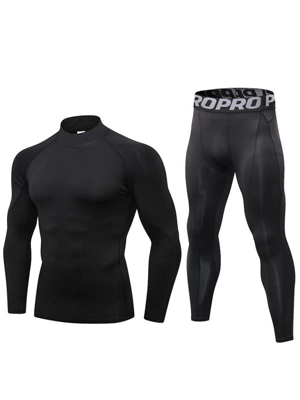 Two-Piece Set Men's Long Sleeve Mock Neck Compression Top & Leggings Tracksuit Set, Casual Tight Top & Letter Print Skinny Pants, Sportswear Clothing for Indoor Outdoor Wear