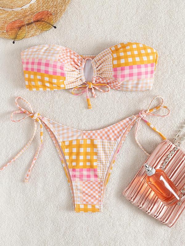 Two-Piece Set Women's Plaid Print Cut Out Bikinis Set, Tie Front Wireless Bra & Tie Side Panty, Bathing Suits Women, Fashion Chic Swimwear for Beach Holiday Vacation