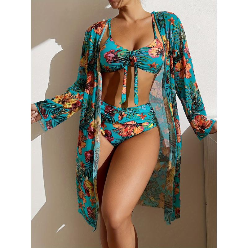 Flirty Tropical Print Bikini Set with Knot Belt - High Stretch 3-Piece Swimsuit & Long Sleeve Cover Up for Women - Perfect Holiday Fashion for Koningsdag Kings Day