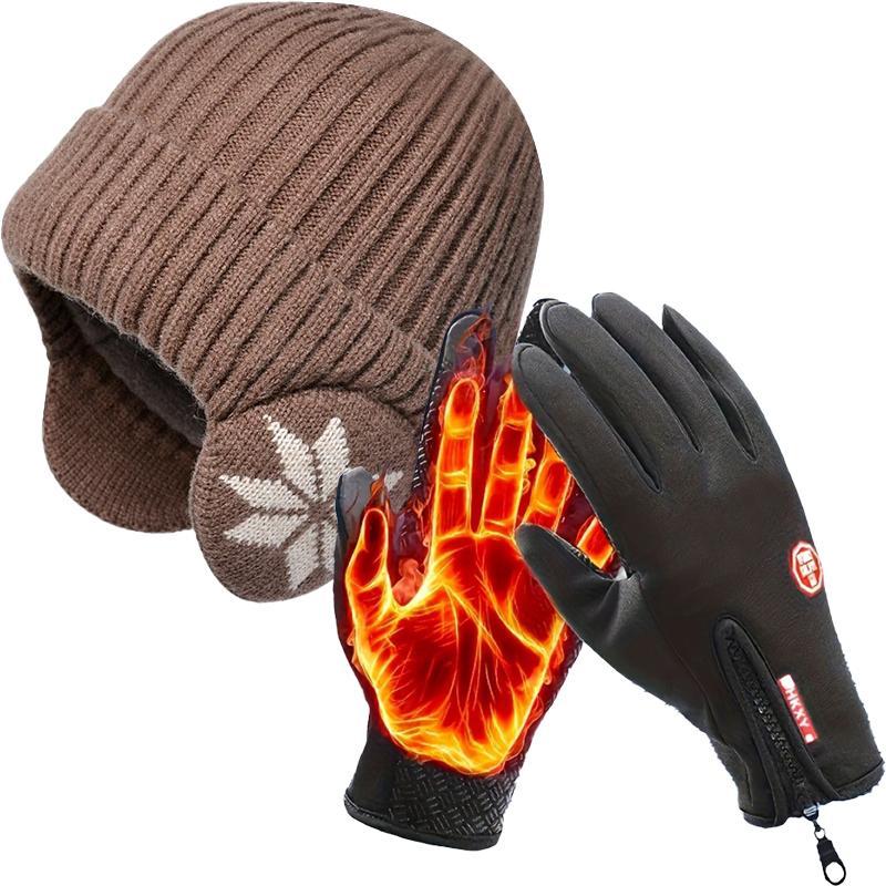 Winter Warm Knitted Wool Hat & 1 Pair Outdoor Cycling Gloves, 1 Count Outdoor Warm Protective Hat and Sports Gloves for Skiing Fishing, Travel, Christmas Gift