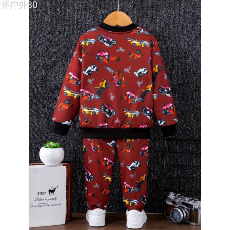 2pcs Boy's Trendy Bomber Jacket & Sweatpants Set, Sports Car Allover Print Kid's Clothes for Spring Fall Daily & Outdoor Wear