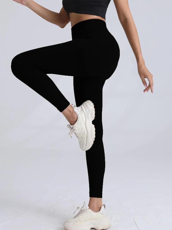 Sporty Women's Plain Ruched High Waist Sports Leggings, Solid Color Wide Waistband Sport Skinny Pants, High Stretch Seamless Yoga Leggings, Ladies Sportswear for Indoor Outdoor Wear, Tummy Control