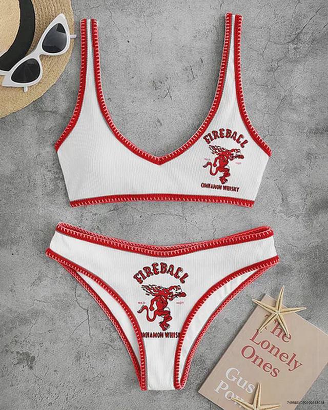 Fireball Whiskey Fashion Sport Beach Red Print Bikini Set Beach Bikini Drink Bikini Beer