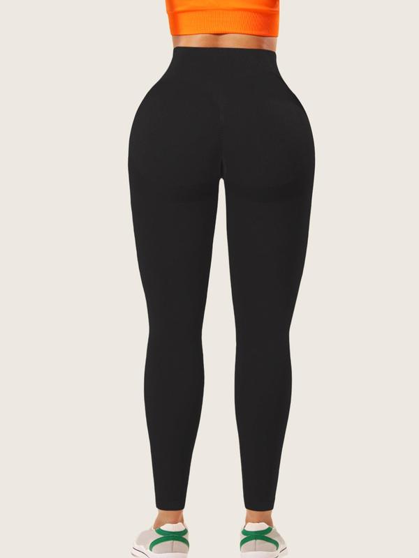 Sporty Women's Plain Ruched High Waist Sports Leggings, Solid Color Wide Waistband Sport Skinny Pants, High Stretch Seamless Yoga Leggings, Ladies Sportswear for Indoor Outdoor Wear, Tummy Control