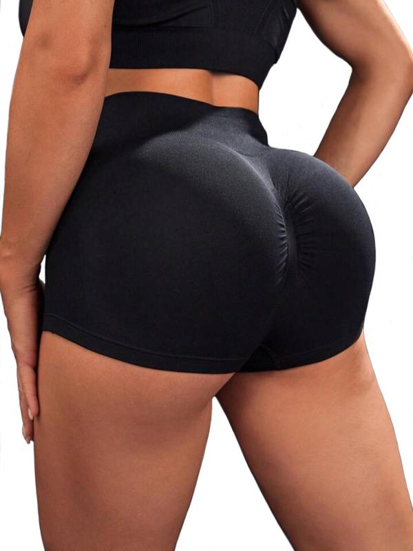 Women's Solid Ruched High Waist Sports Gym Shorts, High Stretch Seamless Scrunch Butt Workout Gym Running Shorts, Ladies Sportswear Bottoms