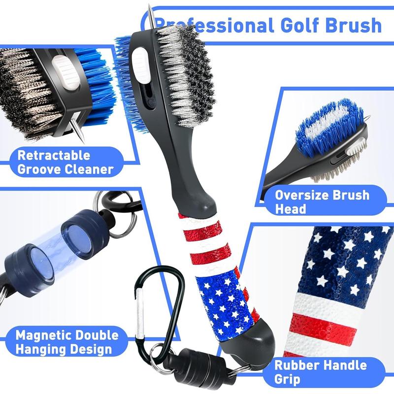 Golf Club Brush and Amercian Flag Golf Towels, Golf Groove Cleaner Cleaning kit, Golf Accessories Cleaner Tool with Strong Magnet Stick to Golf Clubs or Bag